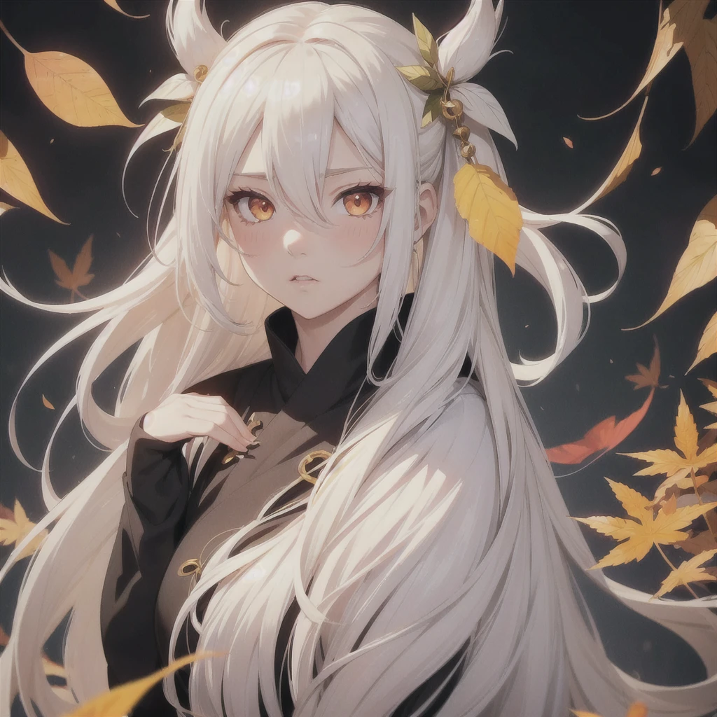 Long white hair, female, golden eyes, orangeish eyes, wearing leaf looking haori, demon slayer art style, 1girl, Solo, Long Hair, High Resolution, Black Hair, White Hair, Blush, Parted Lips, 