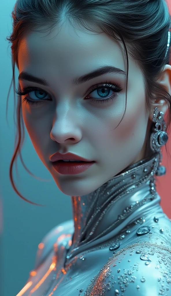 A beautiful cyborg girl in a silver dress, highly detailed portrait, elegant pose, cinematic lighting, photorealistic, 8k, best quality, masterpiece, intricate details, volumetric lighting, hyper realistic skin, detailed facial features, mesmerizing eyes, lush lips, long eyelashes, soft glowing skin, flowing silver dress, graceful movement, serene expression, atmospheric background, cinematic framing