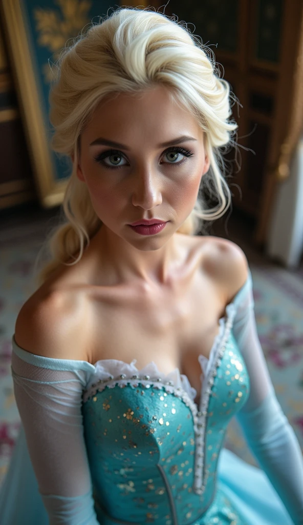 A stunning high angle portrait of piper perri as Elsa puckering her lips, she is sexy , queen of arendelle, young and beautiful, hyper realistic, real portrait, backlit, exquisite features, cleavage, sexy, seductive, interior or an ornate castle ballroom with high ceilings, show skin, blue eyes, she is naked, exposed breasts, puckering her lips in a soft kiss, pink lip gloss