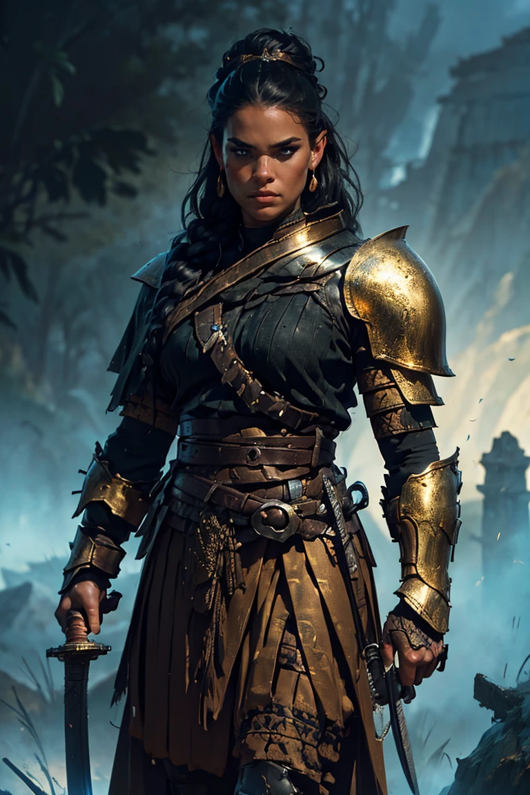 Powerful warrior, 20-30 years old, dark hair, athletic build, focused gaze, serious expression. Ornate armor in gold and bronze, skirt detailed in tribal style. Dark and earthy tones. Intricate golden crown. Holding sword. Ancient temple-like setting with a stone arch, soft light and smoky haze. Dramatic lighting, emphasizing the warrior's form. Detailed textures, emphasizing muscular physique, armor and fabrics. Photorealistic style, with a cinematic and fantasy feel. High-intensity lighting and a slightly low viewing angle, focusing on the figure. Dramatic, dark and moody atmosphere. Mythological, Action, Warrior, Detailed Matte Painting, Deep Colors, Fantastic and Intricate Details, Splash Screen, Complementary Colors, Fantasy Concept Art, 8k Resolution, Trending on Artstation Unreal Engine 5"