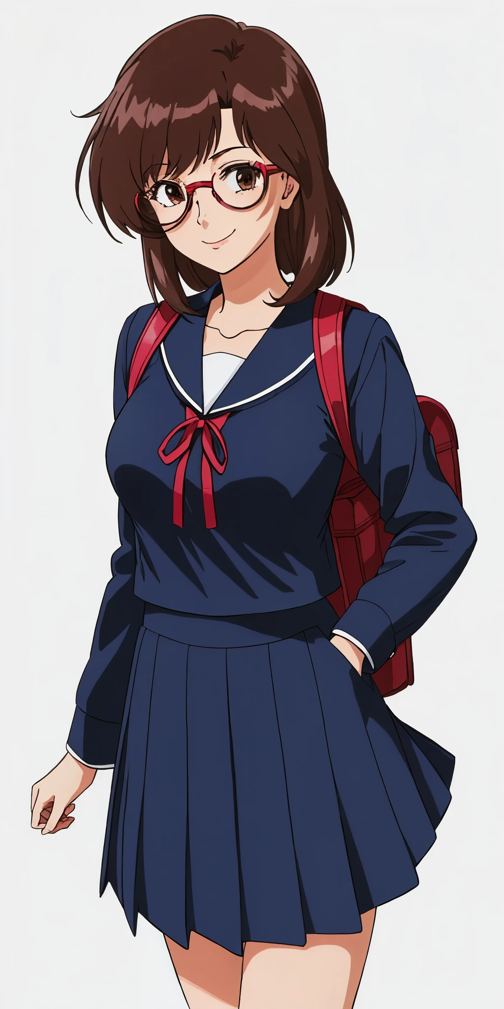 Young woman drawn in 80’s anime art style. 
Retro anime. Vintage Anime. Classical Anime. 
Black Dark Brown HAIR
Long Nihongami Hair
(Round Glasses)
(Round and Circle eyes)
(Light Brown eyes)
(Medium Sized Eyebrows)
(Freckles on Cheek)
(Light Tan Woman)
(Medium Breast)
Seductive Smile

She is wearing a sailor fuku (セーラー服, sērā fuku, sailor outfit) is a common japanese style of uniform worn by women, traditionally by high school female students. 

The uniform generally consists of a sailor-styled blouse attached with a (Navy blue sailor-style collar) and a Dark Navy Blue Sailor Blouse. The length of the long skirt goes down past her ankle.

A ribbon is tied in the front and laced through a loop attached to the sailor blouse. The color is the ribbon is red. (RED RIBBON)

(Dark Navy Blue Sailor Shirt)
(Dark Navy Pleated Skirt)

She is holding a brown briefcase and wearing a backpack. 
She is visiting a High School.

(Solo)
