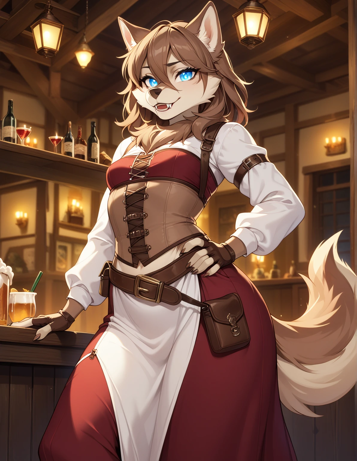 1girl, tail, furry, animal_ears,glowing blue_eyes, brown_hair, belt, looking_at_viewer, furry_female, gloves, wolf_tail, sad smile, wolf_ears, fingerless_gloves, hair_between_eyes,long skirt, hand_on_hip, snout, pouch, brown_gloves, cream white corset, wolf_girl, fangs, medium_hair, long_sleeves, brown_belt, artist_name, tavern outfit, very small breasts