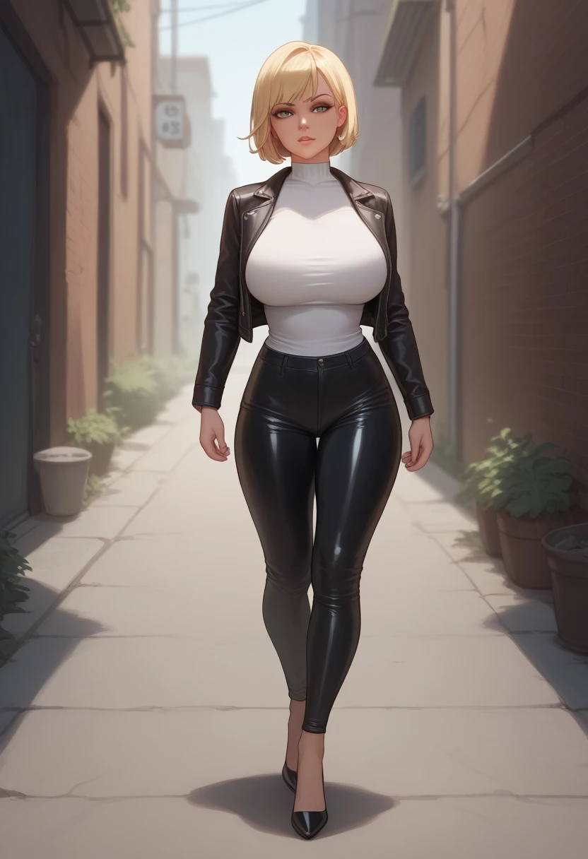 35 year old woman with short blonde Bob-style hair with big breasts wearing a leather jacket with a blouse and tight latex pants and heels she is walking down a dark alley