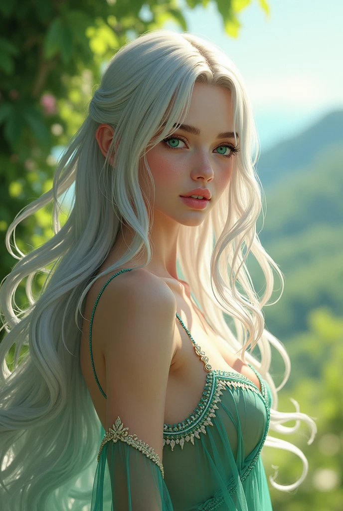 Vintage style fantasy, masterpiece, Great art, Highest quality, One girl, Close-up Girl Nordic Princess, Scandinavian Mountains々, Winter Weather, Symmetrical and highly detailed face, Peach silky silky skin, Vivid and aggressive green eyes, White, messy hair down to her waist, Sculptural body, (spark: 0.7), Adobe Illustration, Artstation&#39;s Trand, 8K, High resolution, 超High resolution, Cold and soft lighting,  --q 500 --s 100, -