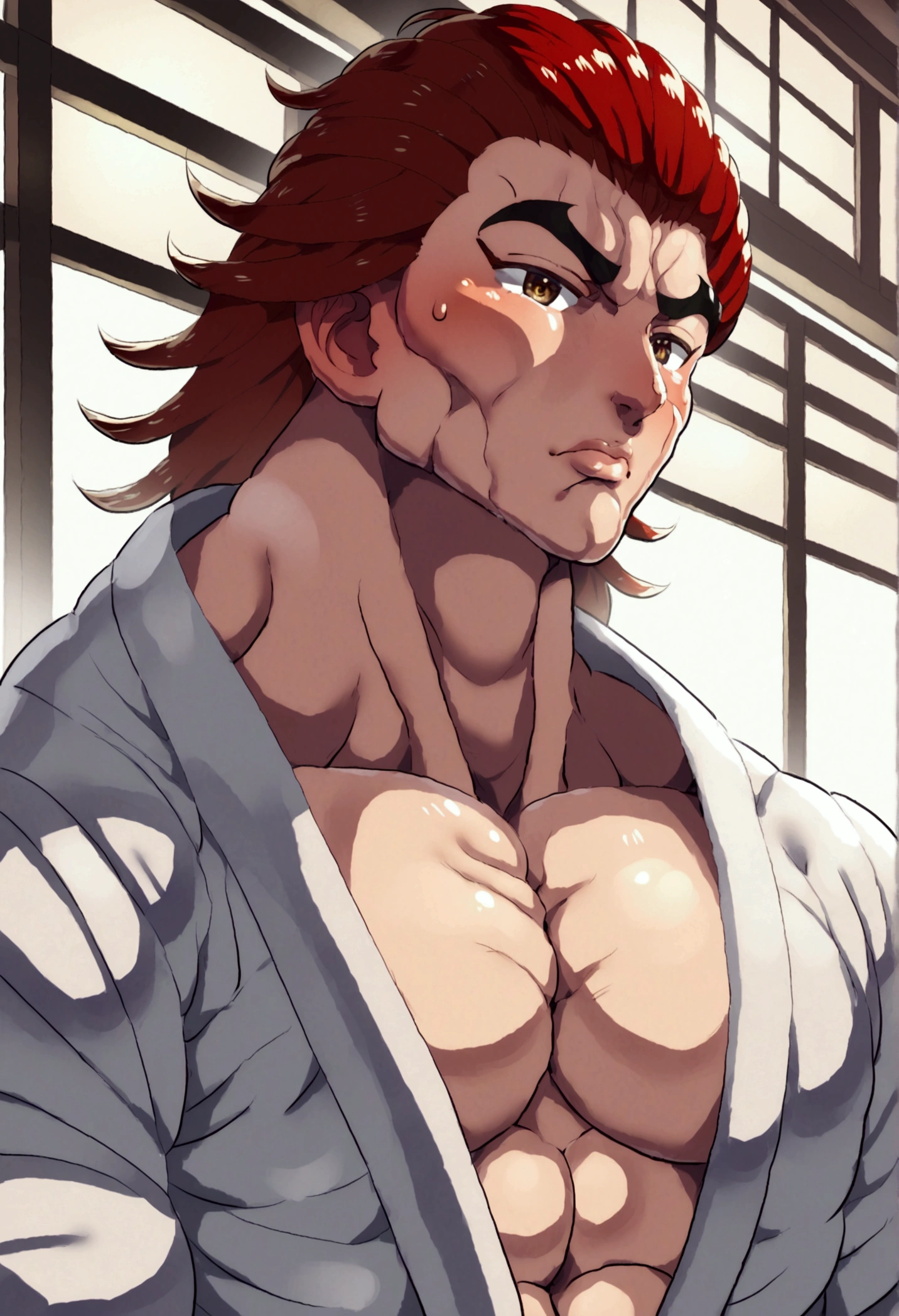 (art style of Boris Valejo) score_9, score_8_up, score_7_up, YujiroHanma, 1boy, male focus, solo, black Japanese Yukata intricate serpent embroidery open, black Bermuda trunks big bulge, muscular male, red hair, manly, veins, pupils, brown eyes, dynamic lighting, extremely detailed,portrait, serious expression,very veiny,glare, bare feet, leaving the bedroom of a wrecked Japanese apartment, swagger
