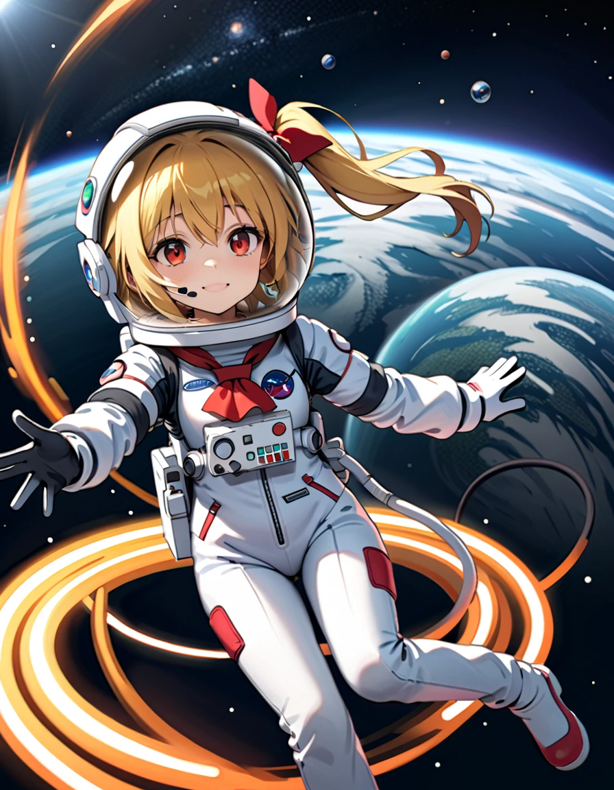 (Space suit:1.15), White sweatpants , astronaut)bubble helmet, space helmet, Gloves ,looking closely at you , Outer Space, floating, masterpiece, top quality, 1girl, beautiful,solo ,flanN, flandre scarlet, li, petite, slim, child,young,younger female, (blonde hair:1.2), side ponytail, red eyes, hair bow, red bow, hair between eyes, slit pupils, white headwear,difficulty breathing, Smile, wave, fullbody