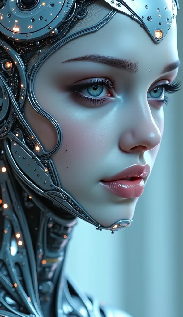 A beautiful cyborg girl in a silver dress, highly detailed portrait, elegant pose, cinematic lighting, photorealistic, 8k, best quality, masterpiece, intricate details, volumetric lighting, hyper realistic skin, detailed facial features, mesmerizing eyes, lush lips, long eyelashes, soft glowing skin, flowing silver dress, graceful movement, serene expression, atmospheric background, cinematic framing