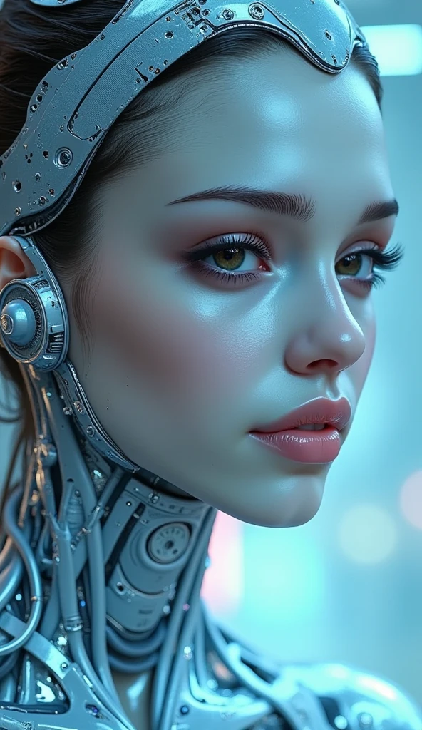 A beautiful cyborg girl in a silver dress, highly detailed portrait, elegant pose, cinematic lighting, photorealistic, 8k, best quality, masterpiece, intricate details, volumetric lighting, hyper realistic skin, detailed facial features, mesmerizing eyes, lush lips, long eyelashes, soft glowing skin, flowing silver dress, graceful movement, serene expression, atmospheric background, cinematic framing