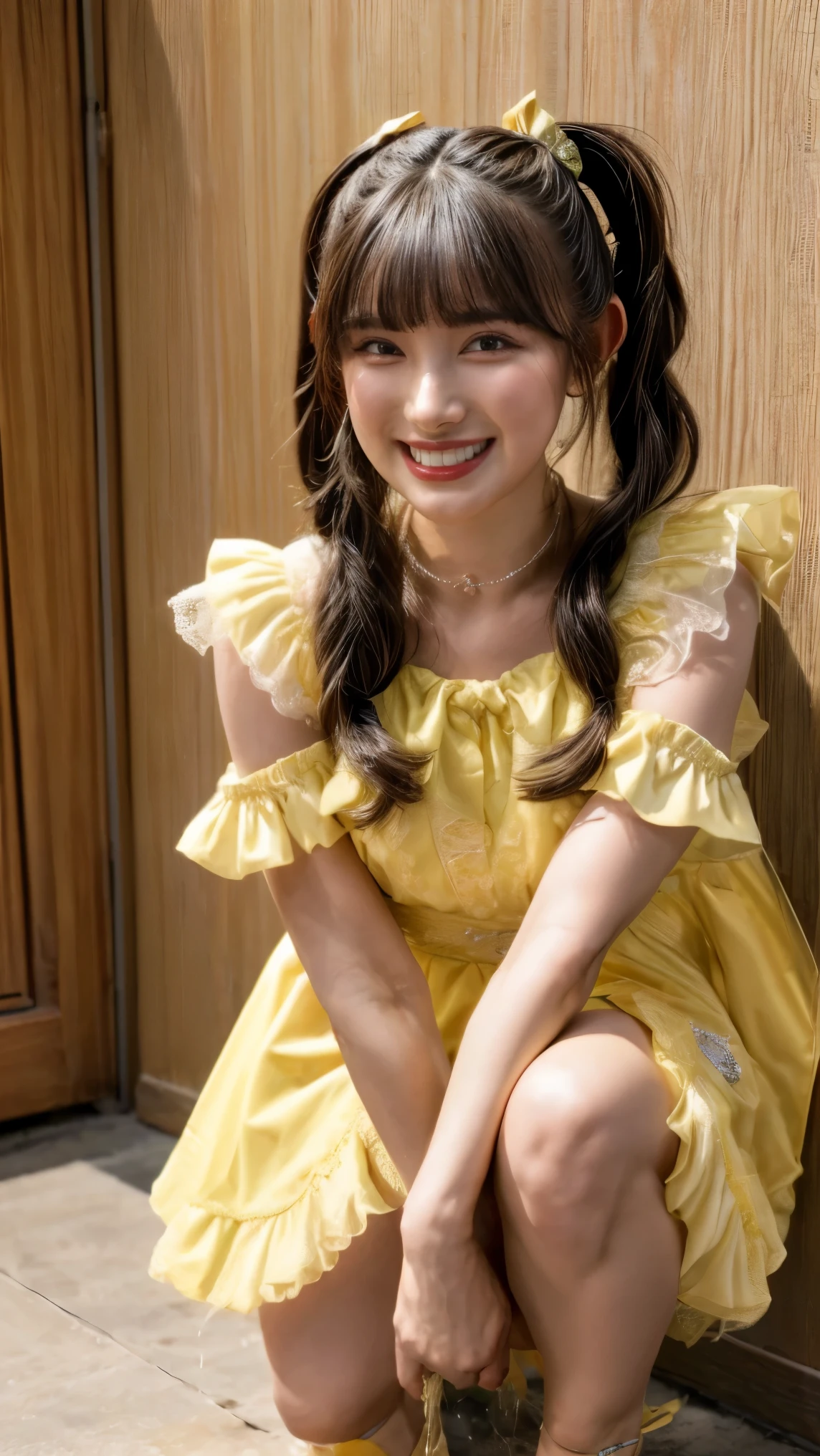 (nsfw, uncensored), (realistic, photo-realistic:1.2), (masterpiece, best quality), high resolution photograph, extremely detailed, intricate details, sharp details, sharp focus, professional lighting, solo, 1girl, a 19 year old Japanese female idol, (full body), slim body, tiny breasts, (frilly sheer yellow dress, princess dress, seductive dress, open chest, puff sleeves, detailed lace, yellow ribbon, choker, jewelry), ankle strap heel-sandals, pale skin, fine-textured skin, shiny skin, (dark hair, shiny hair, pigtails hair, straight hair, blunt bangs, hair scrunchie:1.2), (beautiful detailed face, extremely detailed eyes, beautiful detailed nose, beautiful pupils), (cheerful grin), (standing ,open legs, desperate pose), (peeing self, urination:1.5), (pee puddle), photo background, indoors, the concert venue, spotlight, detailed stage, audience,