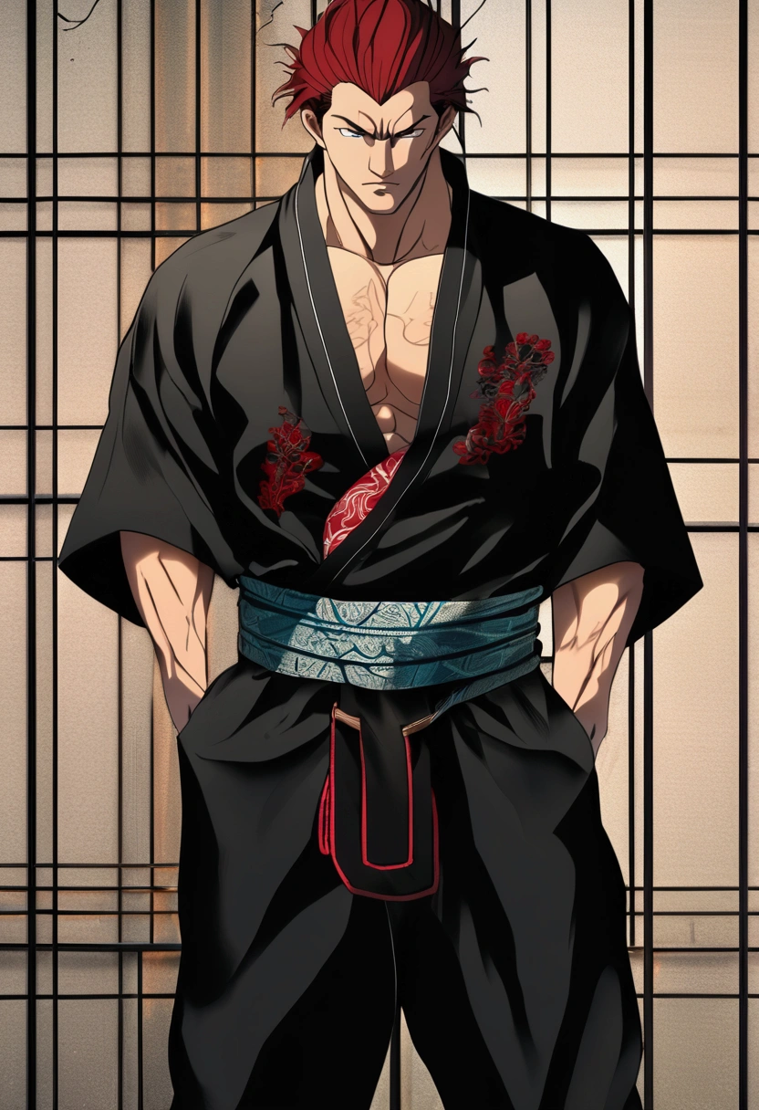 score_9, score_8_up, score_7_up, YujiroHanma, 1boy, male focus, solo, black Japanese Yukata intricate serpent embroidery open, black Bermuda trunks big bulge, muscular male, red hair, manly, veins, pupils, brown eyes, dynamic lighting, extremely detailed,portrait, serious expression,very veiny,glare, bare feet, leaving the bedroom of a wrecked Japanese apartment, swagger
