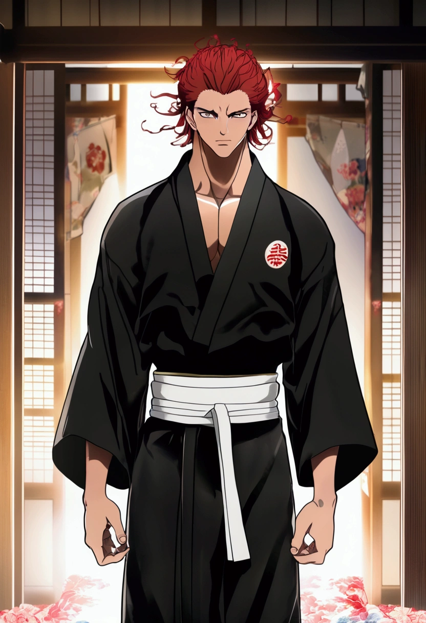 score_9, score_8_up, score_7_up, YujiroHanma, 1boy, male focus, solo, black Japanese Yukata intricate serpent embroidery open, black Bermuda trunks big bulge, muscular male, red hair, manly, veins, pupils, brown eyes, dynamic lighting, extremely detailed,portrait, serious expression,very veiny,glare, bare feet, leaving the bedroom of a wrecked Japanese apartment, swagger
