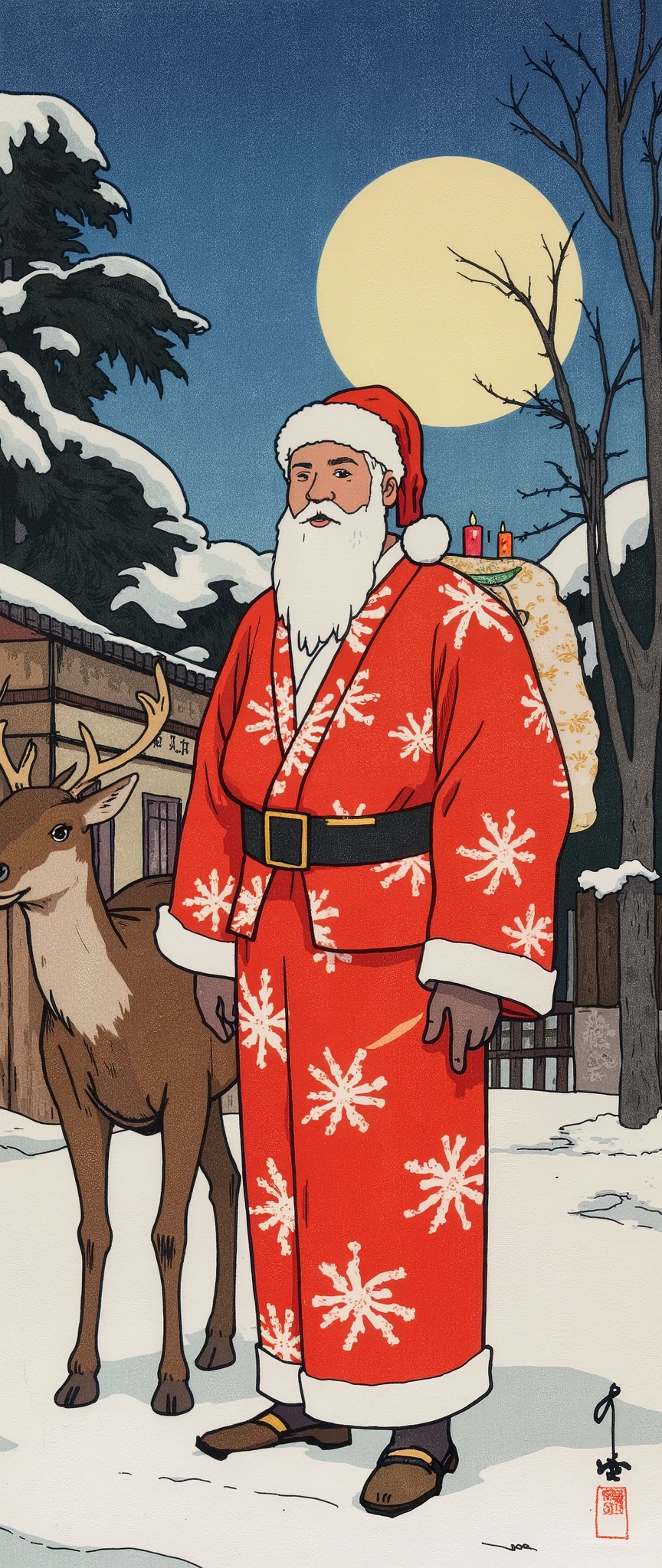 (masterpiece:1.2,Premium Quality , Mirror Finish , cinematic experience , Best illustrations:2.0, super detailed ),8k,16k,( wallpaper:2.0),(yukata),( Please draw a character of Santa Claus wearing a yukata:2.0),( reindeer:2.0),(Front:2.0),( Christmas tree),( candles),( Cute Illustration :2.0),( Ukisei:2.0),( Katsushika Hokusai style:2.0),( with a white Japanese furoshiki on his shoulder The background is a bright color :2.0),("  merry christmas"Draw a pop character from :2.0),( full moon :2.0),(from below:2.0),( dynamic :2.0),(Old Japanese townscape:2.0),(Edo period:2.0)