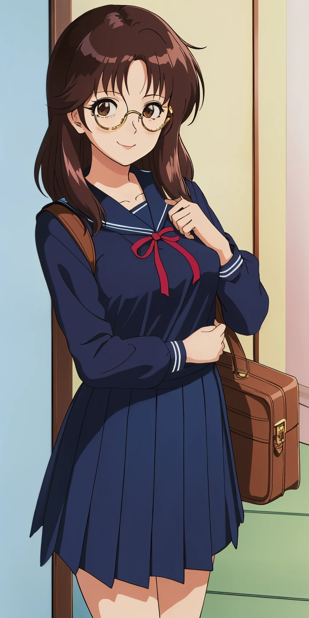 Young woman drawn in 80’s anime art style. 
Retro anime. Vintage Anime. Classical Anime. 
Black Dark Brown HAIR
Long Nihongami Hair
(Round Glasses)
(Round and Circle eyes)
(Light Brown eyes)
(Medium Sized Eyebrows)
(Freckles on Cheek)
(Light Tan Woman)
(Medium Breast)
Seductive Smile

She is wearing a sailor fuku (セーラー服, sērā fuku, sailor outfit) is a common japanese style of uniform worn by women, traditionally by high school female students. 

The uniform generally consists of a sailor-styled blouse attached with a (Navy blue sailor-style collar) and a Dark Navy Blue Sailor Blouse. The length of the long skirt goes down past her ankle.

A ribbon is tied in the front and laced through a loop attached to the sailor blouse. The color is the ribbon is red. (RED RIBBON)

(Dark Navy Blue Sailor Shirt)
(Dark Navy Pleated Skirt)

She is holding a brown briefcase and wearing a backpack. 
She is visiting a High School.

(Solo)
