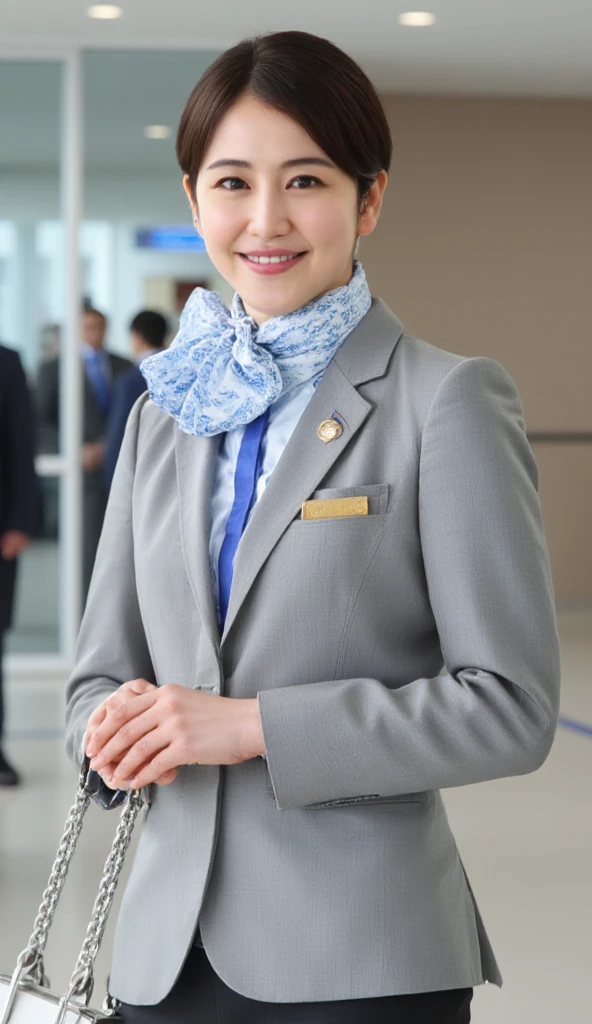 Photographic, Front view, standing pose,  looking at viewer, Japanese female, 20-age, (light brown hair, chignon , mole under , fringe, little smile), (middle breasts, slender whist, middle hip) , new ANA Stewardess uniform, 1 bag, lady's watch,  in Tokyo Haneda airport,( super detailed, High Details , High Quality , Accurate, anatomically correct , textured skin, beautiful fingers super detailed, High Details , High Quality , High Quality )