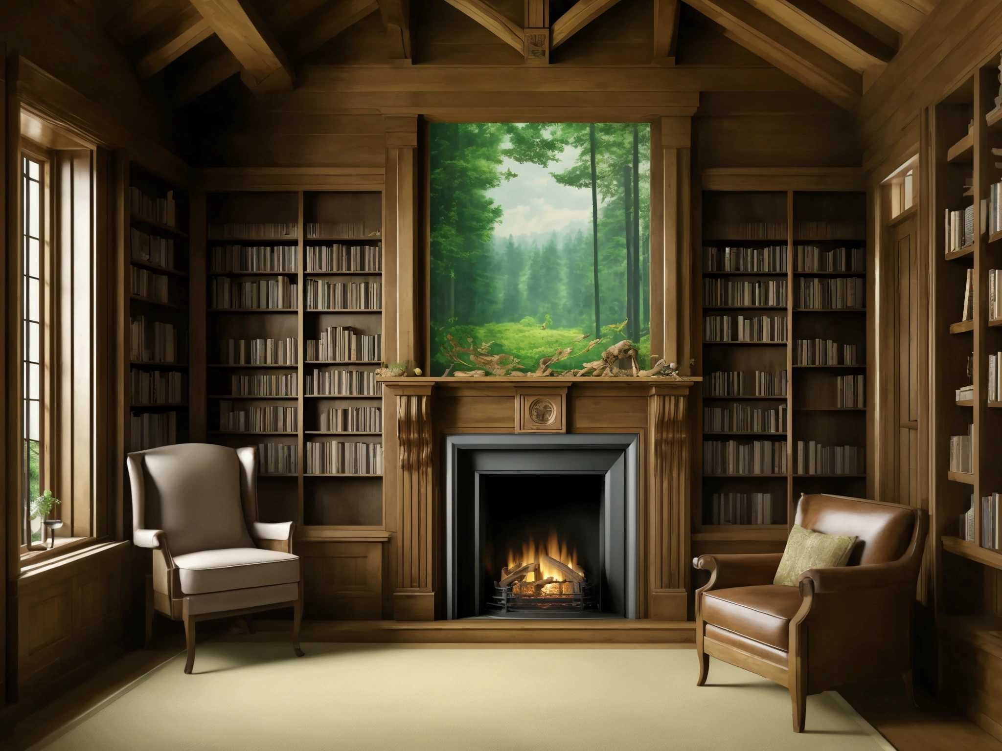 (extremely detailed 8k wallpaper), a wide shot, interior, corner of a lodge library room, one fireplace with wooden mantle, wooden interiors, stained wood wainscotting on walls, edwardian era design, with a view of the forest through large glass windows, the season is Spring, the lighting is warm and vibrant.