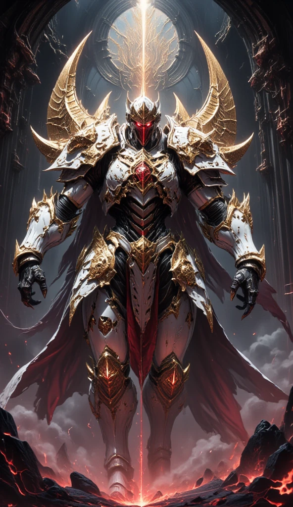  is possessed by a demon, a holy knight commander. Full Body Mechanized Image of an Adult Male. Robotic Muscle-Developed Body . wearing sacred white gold holy knight armor . Eyes Deep Red .Golden Mechanic Wings. standing inside a mysterious black and red church.Bold composition .COUNTLESS KNIGHT FOLLOWERS.Full body image with dark red glow in the eyes。He boldly stands in a mysterious black and red mechanical church， composition underlines his majestic presence 。 lights are very striking ， shadows cast by him highlight his armor and the church's bizarre atmosphere ，Mechanic robot ，Future Mechanism ， Cyberpunk 
