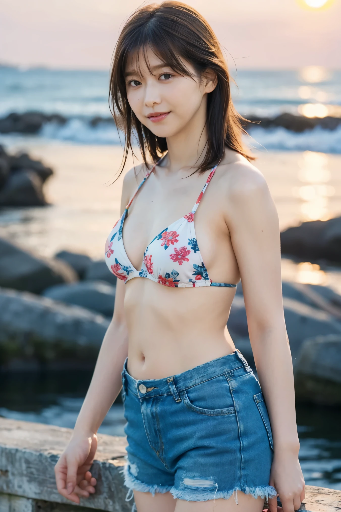  top quality 、8,masterpiece、、 super high resolution 、( photorealistic:1.4)、Original photo、 1 girl、  Shiny chestnut hair  ,  long hair, ( Clean brown eyes )、smile、  sparkling eyes  , (fine grain)、 Highly detailed faces,  very detailed eyes ,  cowboy shot ，Seaside Park，To you，はにかんだsmile，A Clear Midsummer Day  ，  lens flare、 Midsummer Night、Seaside，（  Beautiful Sunsets  :1.5),((Floral bikini top、  sexy distressed denim shorts))、nsfw