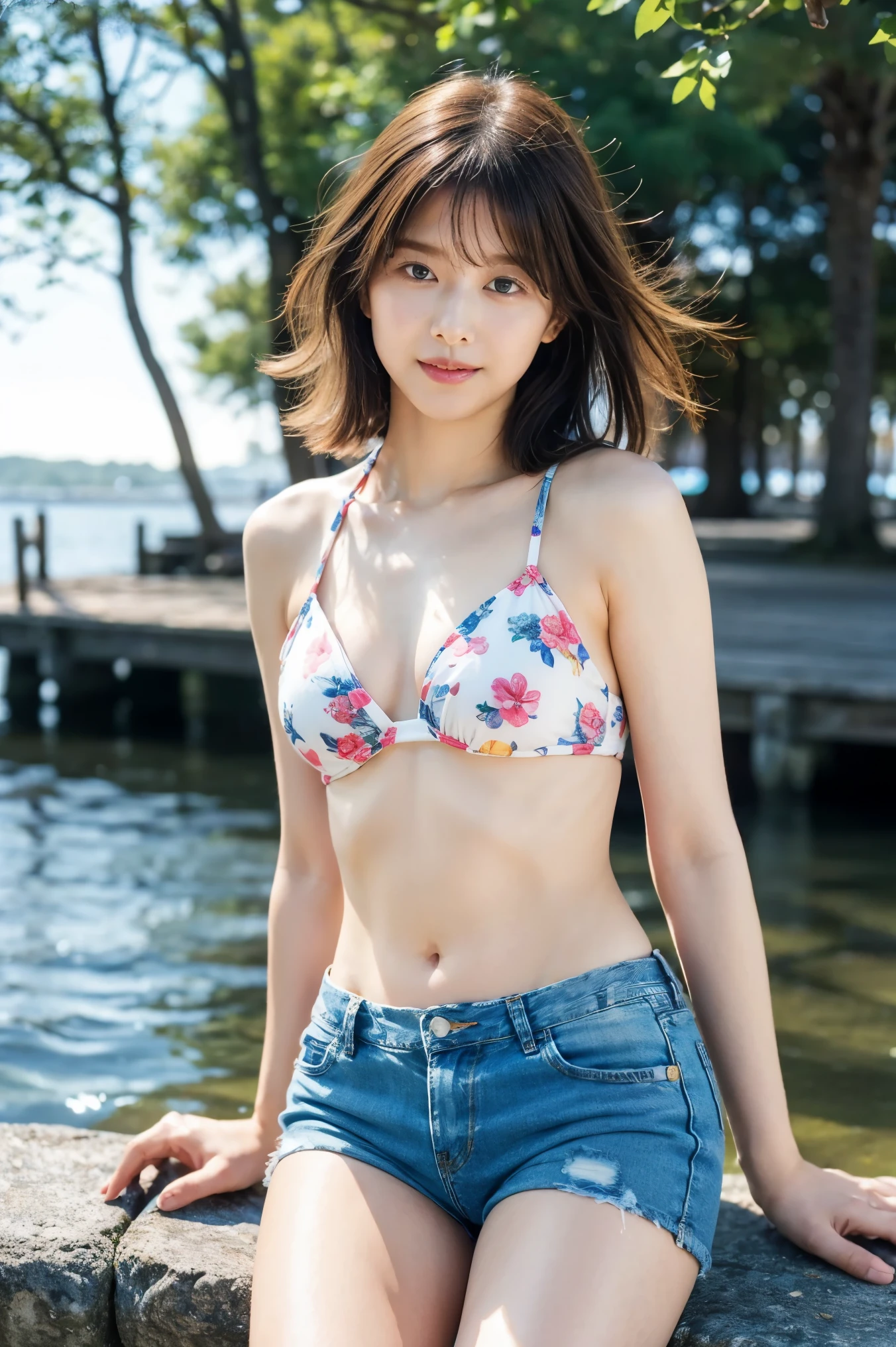 top quality 、8,masterpiece、、 super high resolution 、( photorealistic:1.4)、Original photo、 1 girl、 Shiny chestnut hair , long hair, ( Clean brown eyes )、smile、 sparkling eyes , (fine grain)、 Highly detailed faces, very detailed eyes , cowboy shot ,Seaside Park,To you,はにかんだsmile,A Clear Midsummer Day , lens flare、 Midsummer Night、Seaside,( Beautiful Sunsets :1.5),((Floral bikini top、 sexy distressed denim shorts))、nsfw