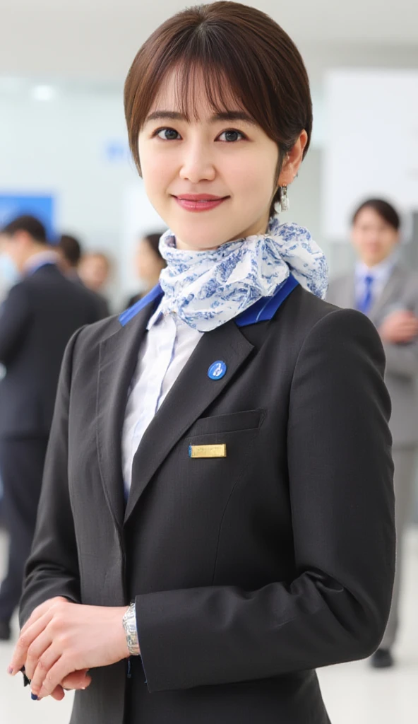 Photographic, Front view, standing pose,  looking at viewer, Japanese female, 20-age, (light brown hair, chignon , mole under , fringe, little smile), (middle breasts, slender whist, middle hip) , new ANA Stewardess uniform, 1 bag, lady's watch,  in Tokyo Haneda airport,( super detailed, High Details , High Quality , Accurate, anatomically correct , textured skin, beautiful fingers super detailed, High Details , High Quality , High Quality )