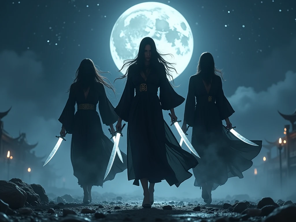 Three beautiful ninja goddesses are wearing black clothes and walking