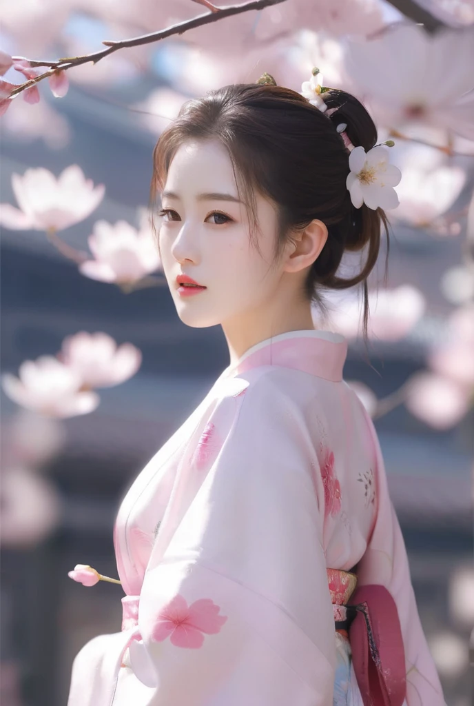 (photorealism:1.2), beautiful woman, wavy hair, wearing pink and white combination kimono, ponytail, soft lighting, outdoor, standing pose, with sakura flowers petal falling, spring season, realistic, Simple colors