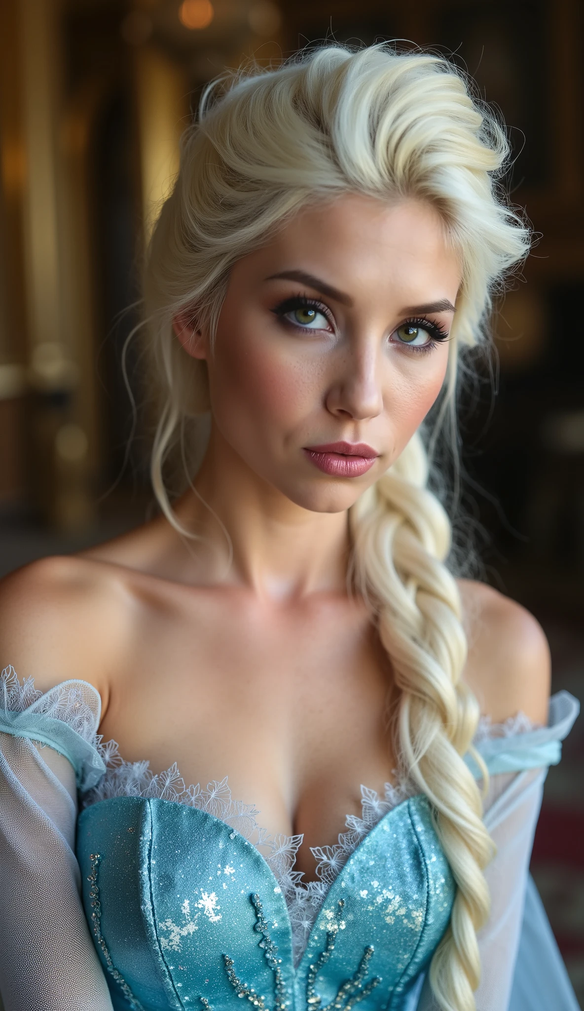 A stunning high angle portrait of piper perri as Elsa puckering her lips, she is sexy , queen of arendelle, young and beautiful, hyper realistic, real portrait, backlit, exquisite features, cleavage, sexy, seductive, interior or an ornate castle ballroom with high ceilings, show skin, blue eyes, she is naked, exposed breasts, puckering her lips in a soft kiss, pink lip gloss. Blue eyes:1.4