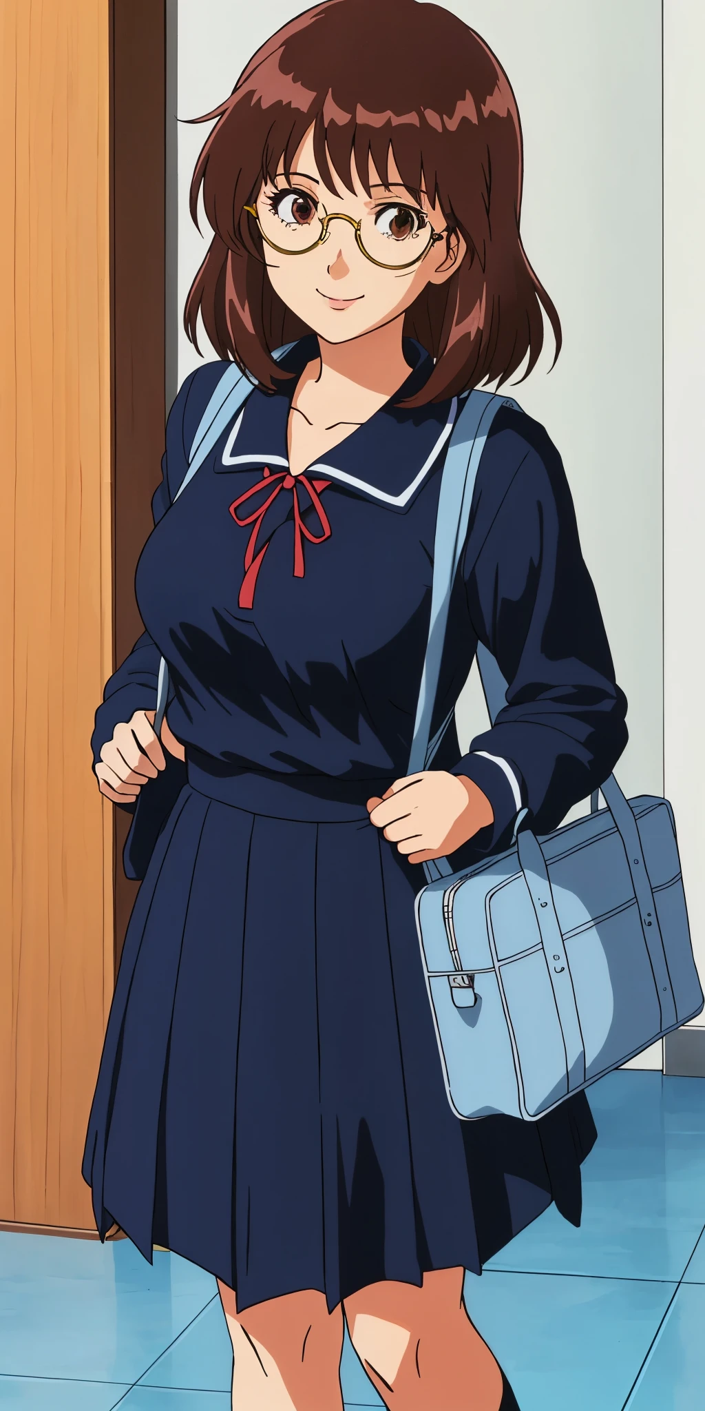 Young woman drawn in 80’s anime art style. 
Retro anime. Vintage Anime. Classical Anime. 
Black Dark Brown HAIR
Long Nihongami Hair
(Round Glasses)
(Round and Circle eyes)
(Light Brown eyes)
(Medium Sized Eyebrows)
(Freckles on Cheek)
(Light Tan Woman)
(Medium Breast)
Seductive Smile

She is wearing a sailor fuku (セーラー服, sērā fuku, sailor outfit) is a common japanese style of uniform worn by women, traditionally by high school female students. 

The uniform generally consists of a sailor-styled blouse attached with a (Navy blue sailor-style collar) and a Dark Navy Blue Sailor Blouse. The length of the long skirt goes down past her ankle.

A ribbon is tied in the front and laced through a loop attached to the sailor blouse. The color is the ribbon is red. (RED RIBBON)

(Dark Navy Blue Sailor Shirt)
(Dark Navy Pleated Skirt)

She is holding a brown briefcase and wearing a backpack. 
She is visiting a High School.

(Solo)
