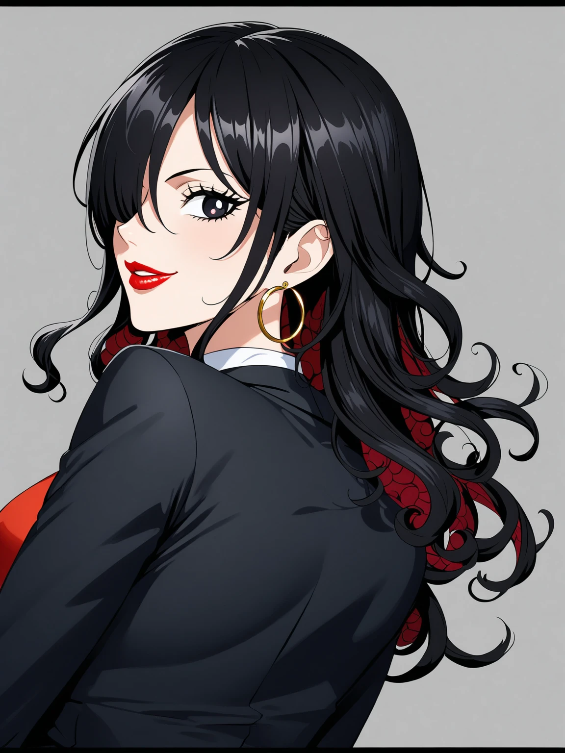 (character portrait), (((one piece))), business pants suit, (black office suits), red necktie, a beautiful woman, very tall woman with great style, female mafia-boss, perfect big breasts, perfect big breasts, plump ass, slender body, (((1girl))), (((solo))), long curly hair, black hair, black pupils, hair over one eye, perfect hands, perfect face, perfect eyes, perfect body, perfect legs, red lips, beautiful legs, (white plain background), hair over one eye, black hair, hoop earrings, ,suit, pants, necktie, onepiecestyle,black eyes, black hair, hoop earrings, smile, brush