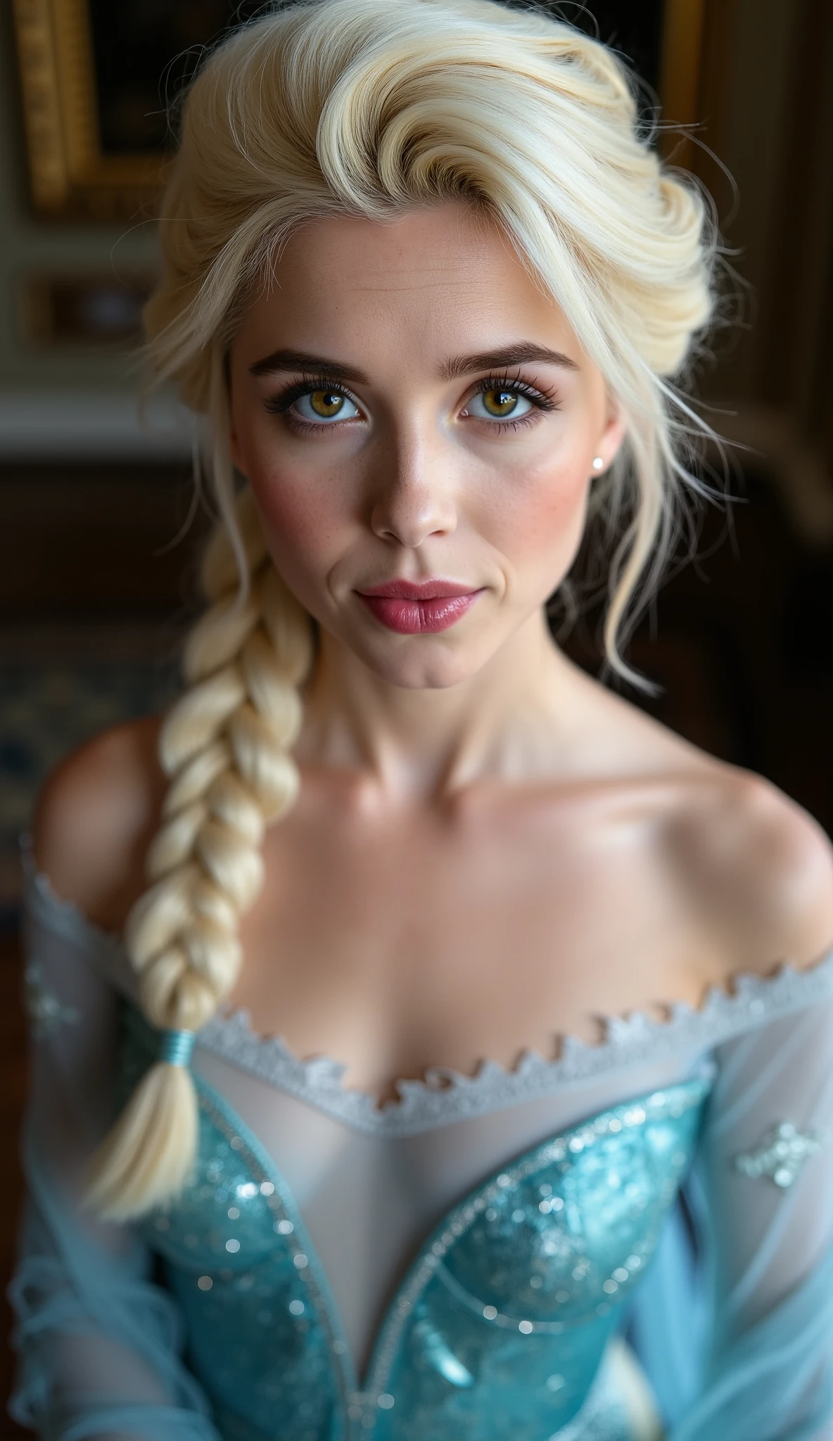 A stunning high angle portrait of piper perri as Elsa puckering her lips, she is sexy , queen of arendelle, young and beautiful, hyper realistic, real portrait, backlit, exquisite features, cleavage, sexy, seductive, interior or an ornate castle ballroom with high ceilings, show skin, blue eyes, she is naked, exposed breasts, puckering her lips in a soft kiss, pink lip gloss, she has blue eyes