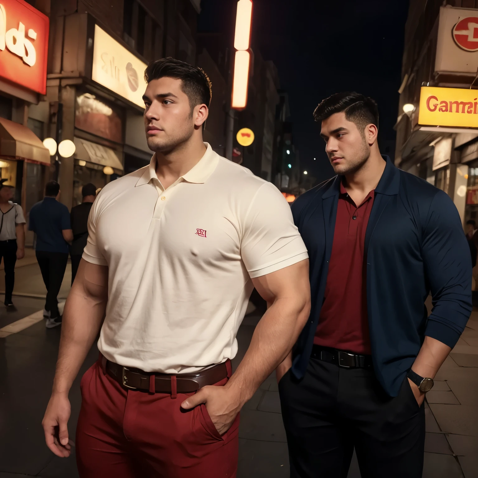  big Tall Very giant muscular men and  , big Shoulder.  His friend fat bear men , they are stand  in night street ,  wearing navy and Red polo and cream pants,,brown  belt,  too tall, modeling pose, Cool pose  , front down angle, asian black hair