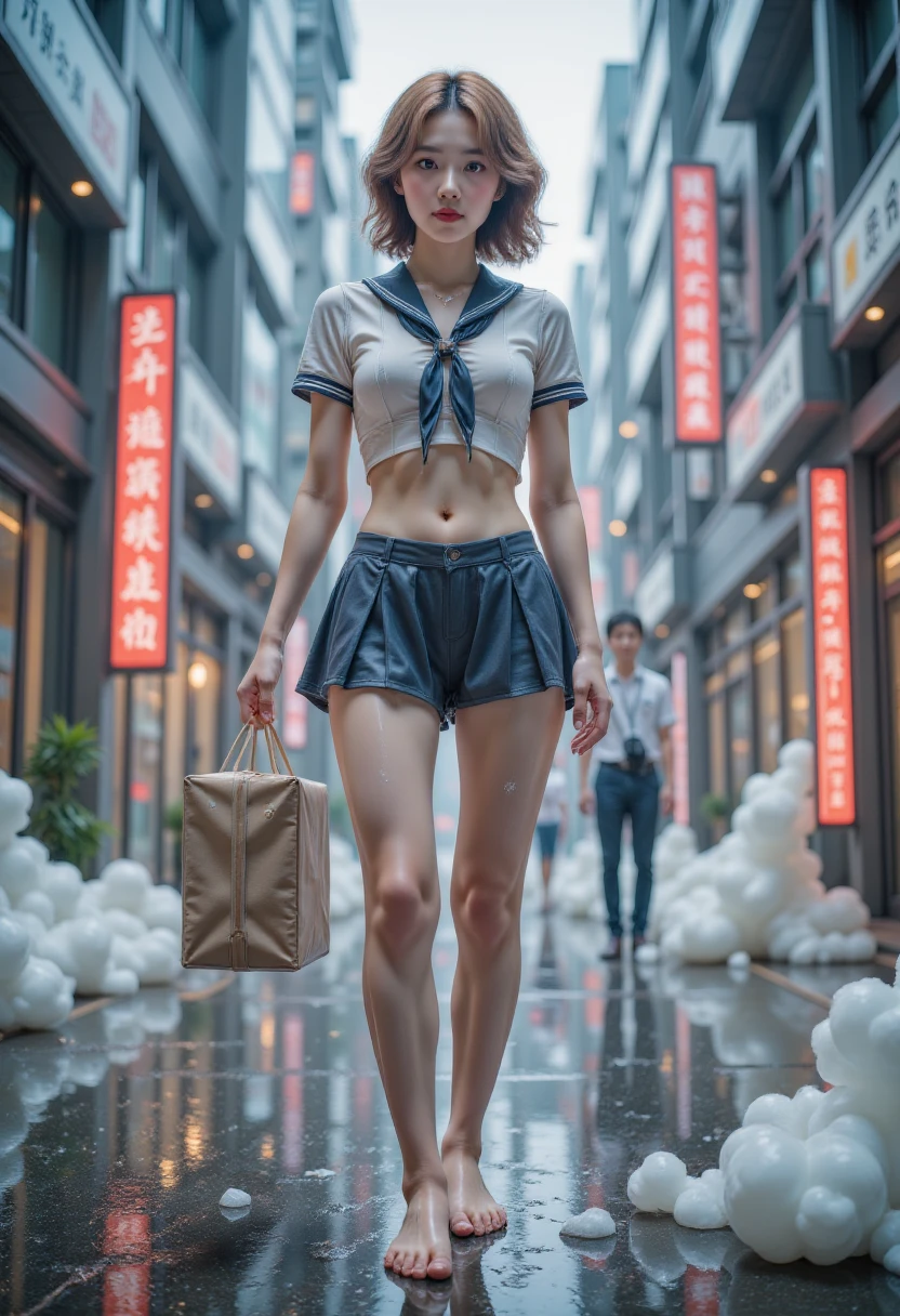  beautiful Japanese girl  ,   cowboys shoot :1.331,  Raise your arms,  Show me your armpits,  front view:1.331, ( best quality:1.4),   32k high resolution UHD   , (masterpiece:1.2),   Extremely detailed real photo  , ( actual , 超 actual :1.4),  Beautiful Japanese Woman  ,   Famous beautiful Japanese idol   ,   detailed facial under panties,   Beautiful Face ,   Symmetrical Eyes ,   Very pretty eyes  ,  Jessica Beale , Perfect composition, Proper location,  golden ratio for layout beautification,  rain at dusk  ,   heavy rain pouring down outside   ,  guerrilla torrential rain , Typhoon  ,   ,   Weak light through clouds  ,  Courier delivering on city street ,   Anatomically correct proportions   :1.331,  Small head :1.331,  slender body :1.331,  Thin waist:1.331, Slender limbs:1.331,   flat chest :1.331,   Japanese High School Sailor Dress   :1.21, Short-sleeved clothes,  White Short Sleeve Sailor Costume  :1.21, Seraphim:1.21,   navy miniskirt  , barefoot,   I can see her belly button   ,   brown hair,  Wavy Hair  :1.21,   Beautiful hair fluttering in the wind {x}  ,