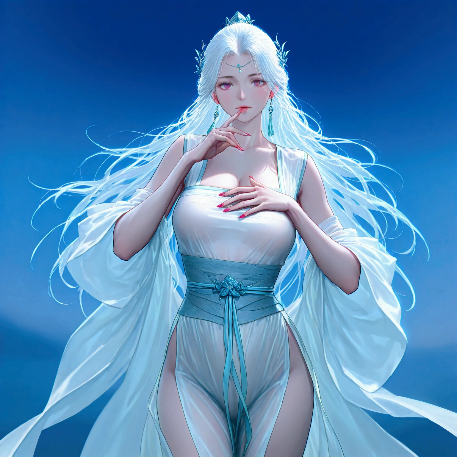 white hair ,white hanfu, medium breasts, long hair, guofeng, chinese clothes, 1girl, solo,
realistic, nail polish, standing, from viewer,  cowboy shot, 
masterpiece, best quality, realistic, 8k, official art, cinematic light, ultra high res, perfect female body, sharp focus, 
HDR, 8k, amazing quality, very aesthetic, absurdres, newest, (volumetric lighting), photorealistic, photo background, detailed skin, detailed eyes, detailed hair, fantasy,