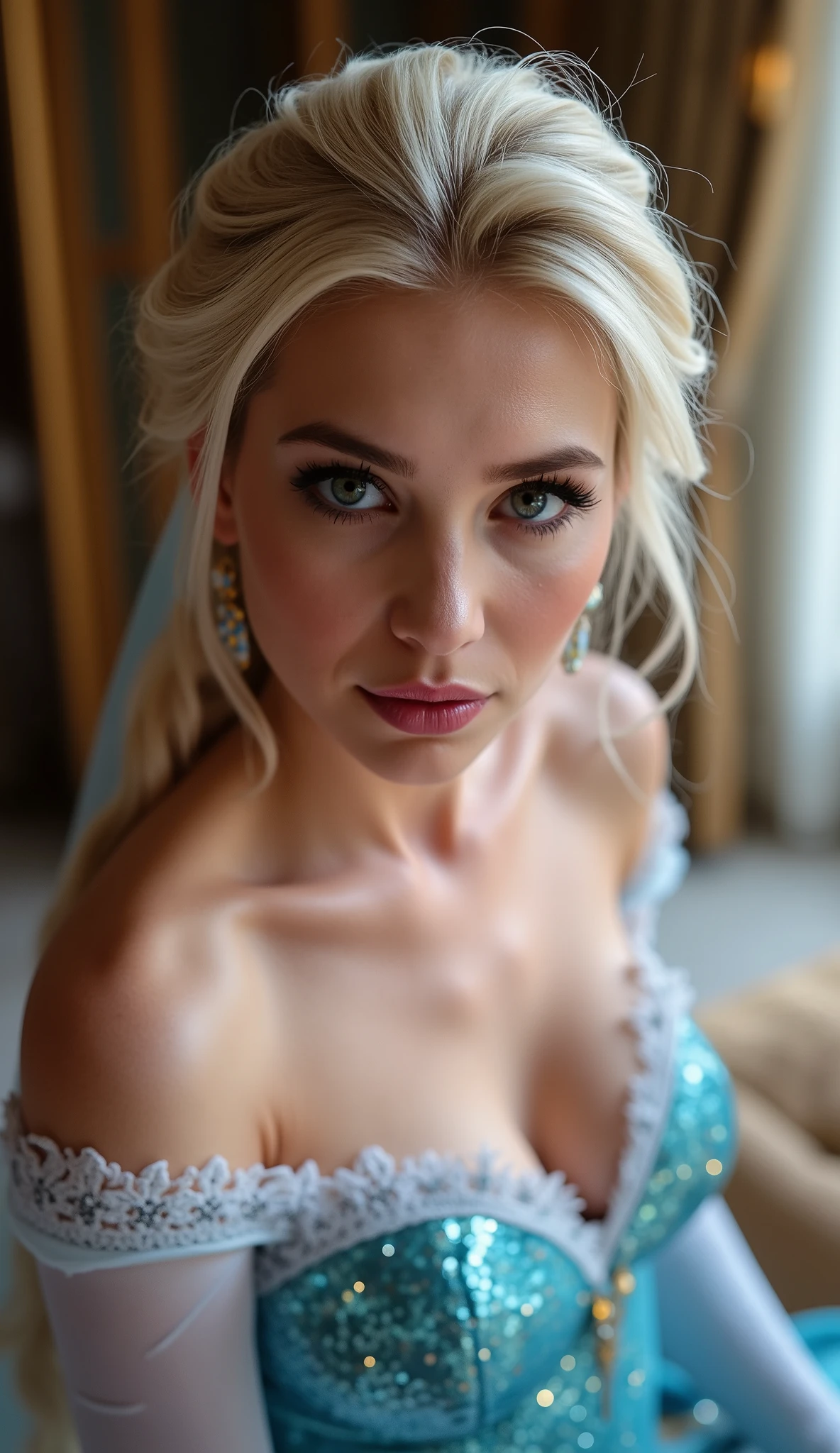 A stunning high angle portrait of piper perri as Elsa puckering her lips, she is sexy , queen of arendelle, young and beautiful, hyper realistic, real portrait, backlit, exquisite features, cleavage, sexy, seductive, interior or an ornate castle ballroom with high ceilings, show skin, blue eyes, she is naked, exposed breasts, puckering her lips in a soft kiss, pink lip gloss