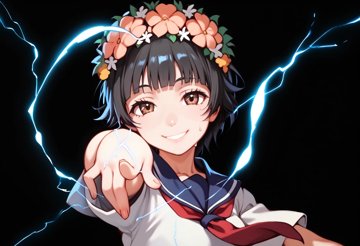 Kazari Uiharu,black hair, short hair, brown eyes, head wreath, hair flower, hair ornament,serafuku, white shirt, red necktie, blue sailor collar, blue skirt,,score_9, score_8_up, score_7_up, ,perfect hands, perfect finger,perfect anatomy, masterpiece, best quality,realistic, hyperrealistic, 16k hdr,1 mature female,black background,sweat,(pointing electricity:1.2), facing viewer, looking at the viewer, electricity, electrokinesis,(smile:1.5),(strong wind:1.3),(tilt head:1.5),(aura:1.5),