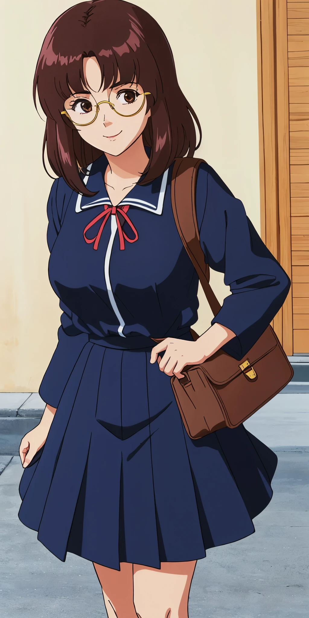 Young woman drawn in 80’s anime art style. 
Retro anime. Vintage Anime. Classical Anime. 
Black Dark Brown HAIR
Long Nihongami Hair
(Round Glasses)
(Round and Circle eyes)
(Light Brown eyes)
(Medium Sized Eyebrows)
(Freckles on Cheek)
(Light Tan Woman)
(Medium Breast)
Seductive Smile

She is wearing a sailor fuku (セーラー服, sērā fuku, sailor outfit) is a common japanese style of uniform worn by women, traditionally by high school female students. 

The uniform generally consists of a sailor-styled blouse attached with a (Navy blue sailor-style collar) and a Dark Navy Blue Sailor Blouse. The length of the long skirt goes down past her ankle.

A ribbon is tied in the front and laced through a loop attached to the sailor blouse. The color is the ribbon is red. (RED RIBBON)

(Dark Navy Blue Sailor Shirt)
(Dark Navy Pleated Skirt)

She is holding a brown briefcase and wearing a backpack. 
She is visiting a High School.

(Solo)
