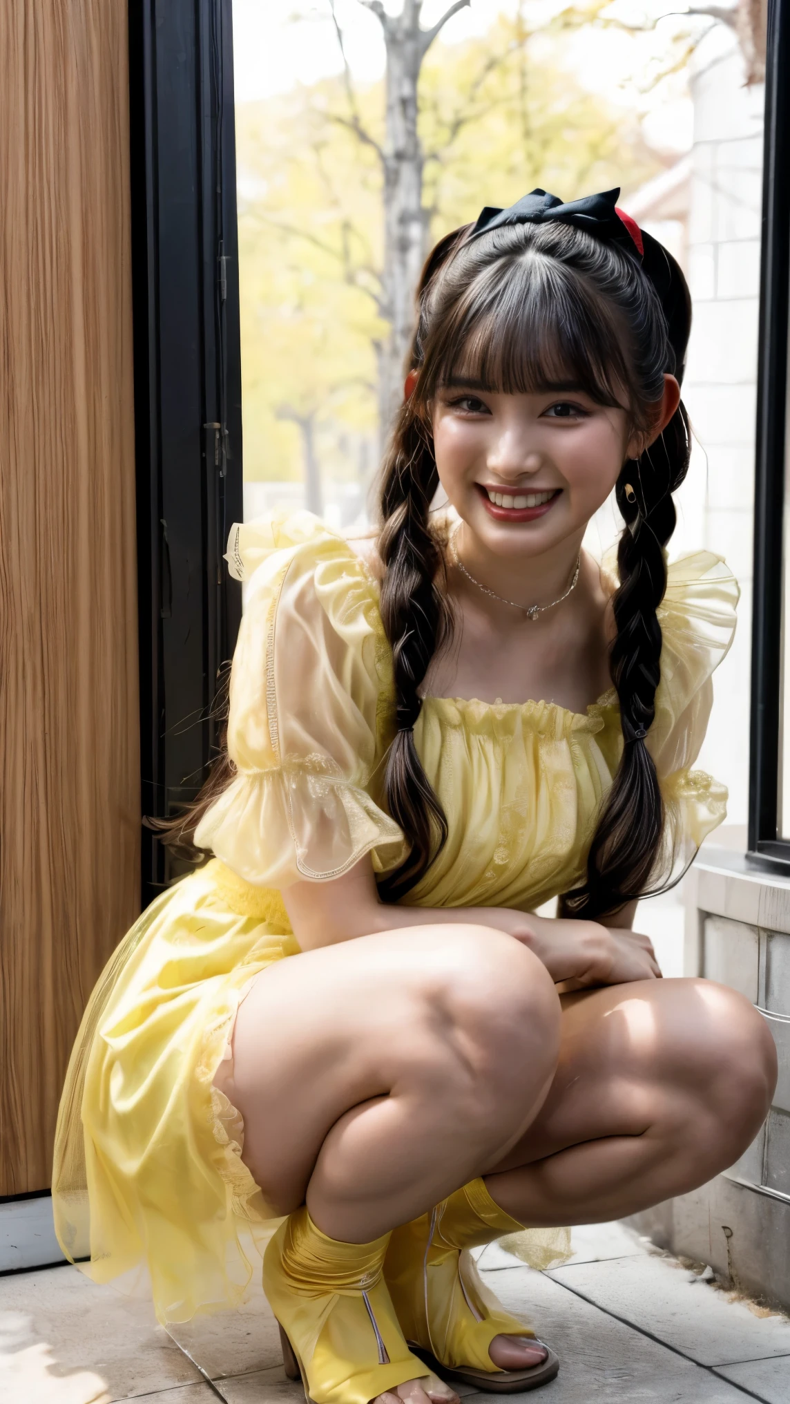 (nsfw, uncensored), (realistic, photo-realistic:1.2), (masterpiece, best quality), high resolution photograph, extremely detailed, intricate details, sharp details, sharp focus, professional lighting, solo, 1girl, a 19 year old Japanese female idol, (full body), slim body, tiny breasts, (frilly sheer yellow dress, princess dress, seductive dress, open chest, puff sleeves, detailed lace, yellow ribbon, choker, jewelry), ankle strap heel-sandals, pale skin, fine-textured skin, shiny skin, (dark hair, shiny hair, pigtails hair, straight hair, blunt bangs, hair scrunchie:1.2), (beautiful detailed face, extremely detailed eyes, beautiful detailed nose, beautiful pupils), (cheerful grin), (squatting with spread legs apart, peeing self, urination:1.5), (pee puddle), photo background, indoors, the concert venue, spotlight, detailed stage, audience,