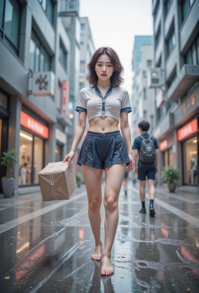  beautiful Japanese girl  ,   cowboys shoot :1.331,  Raise your arms,  Show me your armpits,  front view:1.331, ( best quality:1.4),   32k high resolution UHD   , (masterpiece:1.2),   Extremely detailed real photo  , ( actual , 超 actual :1.4),  Beautiful Japanese Woman  ,   Famous beautiful Japanese idol   ,   detailed facial under panties,   Beautiful Face ,   Symmetrical Eyes ,   Very pretty eyes  ,  Jessica Beale , Perfect composition, Proper location,  golden ratio for layout beautification,  rain at dusk  ,   heavy rain pouring down outside   ,  guerrilla torrential rain , Typhoon  ,   ,   Weak light through clouds  ,  Courier delivering on city street ,   Anatomically correct proportions   :1.331,  Small head :1.331,  slender body :1.331,  Thin waist:1.331, Slender limbs:1.331,   flat chest :1.331,   Japanese High School Sailor Dress   :1.21, Short-sleeved clothes,  White Short Sleeve Sailor Costume  :1.21, Seraphim:1.21,   navy miniskirt  , barefoot,   I can see her belly button   ,   brown hair,  Wavy Hair  :1.21,   Beautiful hair fluttering in the wind {x}  ,