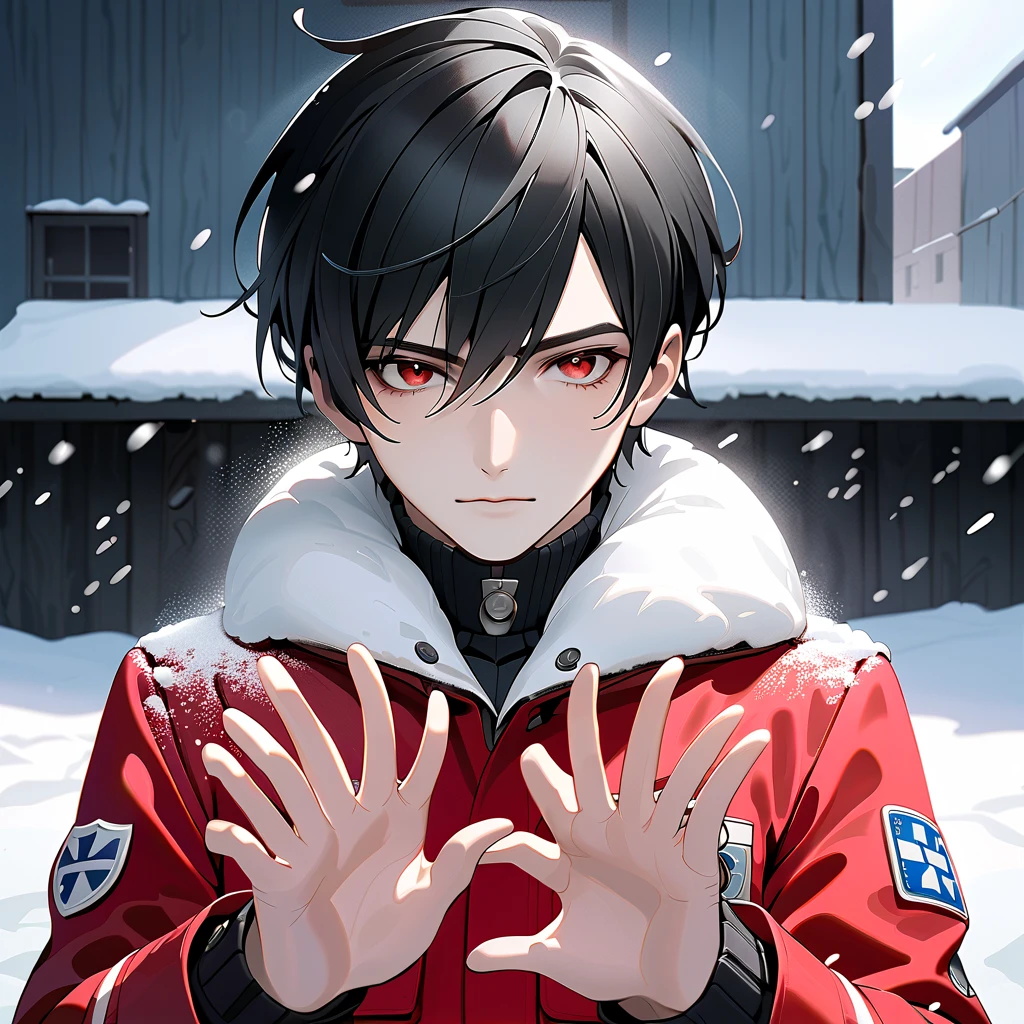    black hair,   Sharp Eye, Kind eyes, male　  red eyes　 short hair　   handsome,   upper body,Paramedic 、 says to spread his hands、 snow falling 、 in the background Olaf 