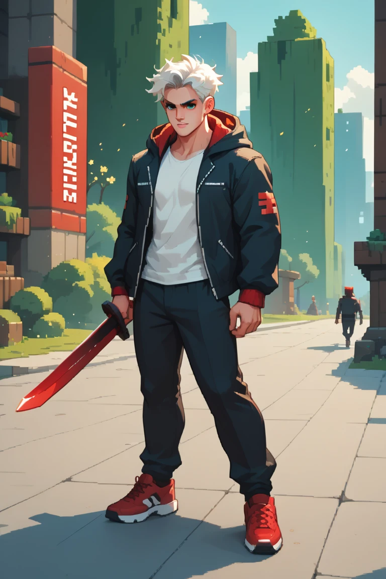 A white-haired boy  ,  white skin , Ojos rojos,  black pants , a hooded jacket  ,  black and white ,  with red details ,  and a red c on the back  , and red shoes with white ,  holds a Minecraft-style sword while running from a creeper