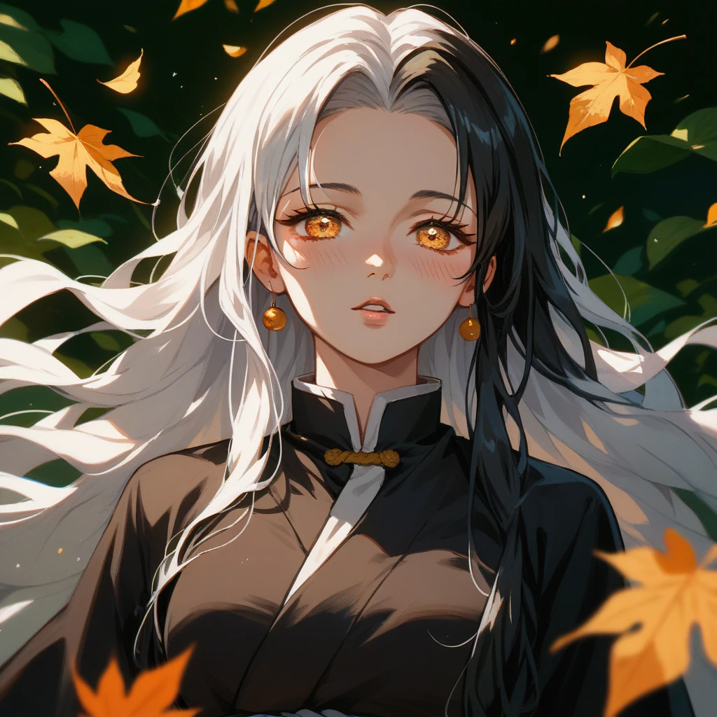 Long white hair, female, golden eyes, orangeish eyes, wearing leaf looking haori, demon slayer art style, 1girl, Solo, Long Hair, High Resolution, Black Hair, White Hair, Blush, Parted Lips, 