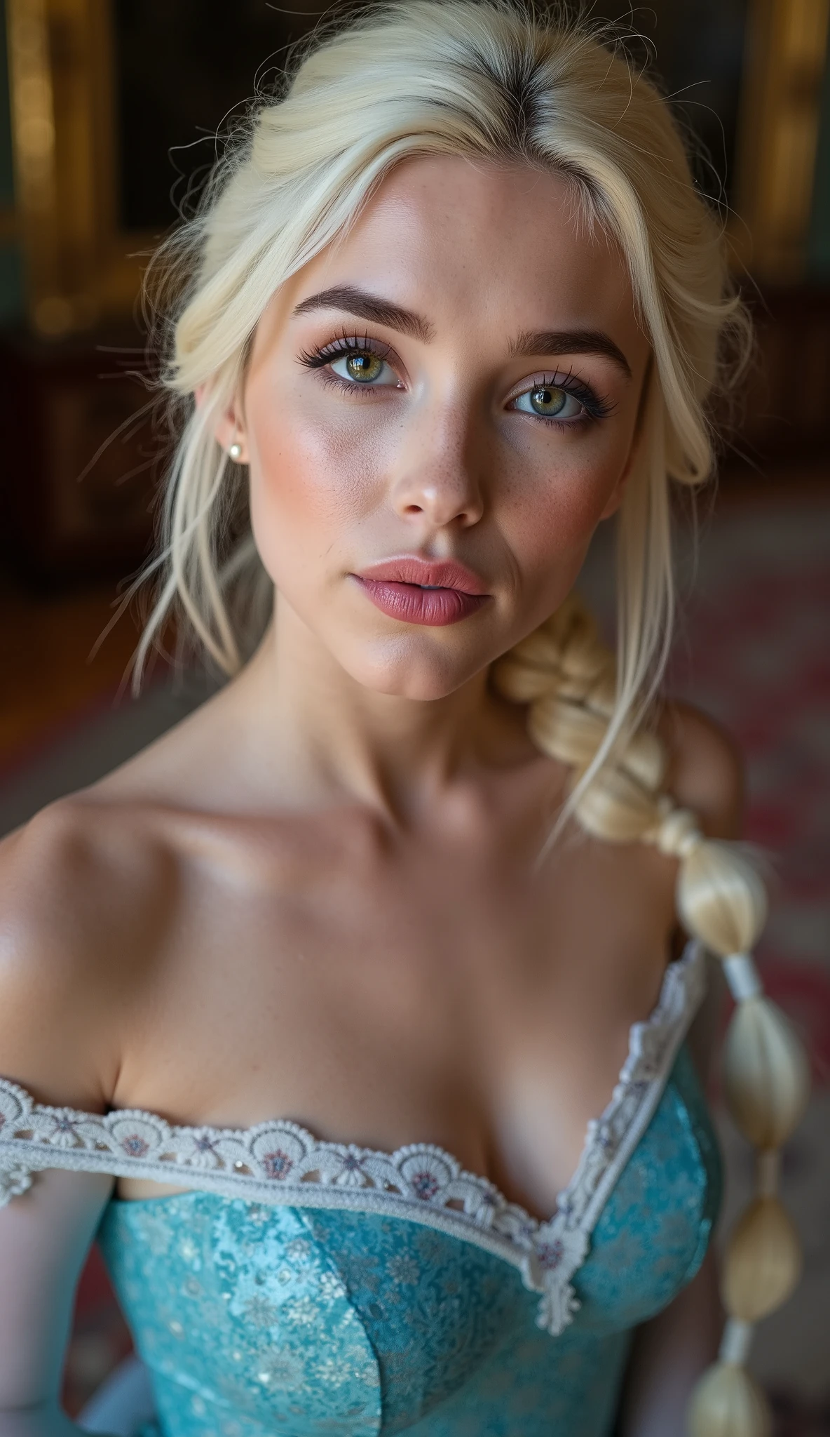 A stunning high angle portrait of piper perri as Elsa puckering her lips, she is sexy , queen of arendelle, young and beautiful, hyper realistic, real portrait, backlit, exquisite features, cleavage, sexy, seductive, interior or an ornate castle ballroom with high ceilings, show skin, blue eyes, she is naked, exposed breasts, puckering her lips in a soft kiss, pink lip gloss