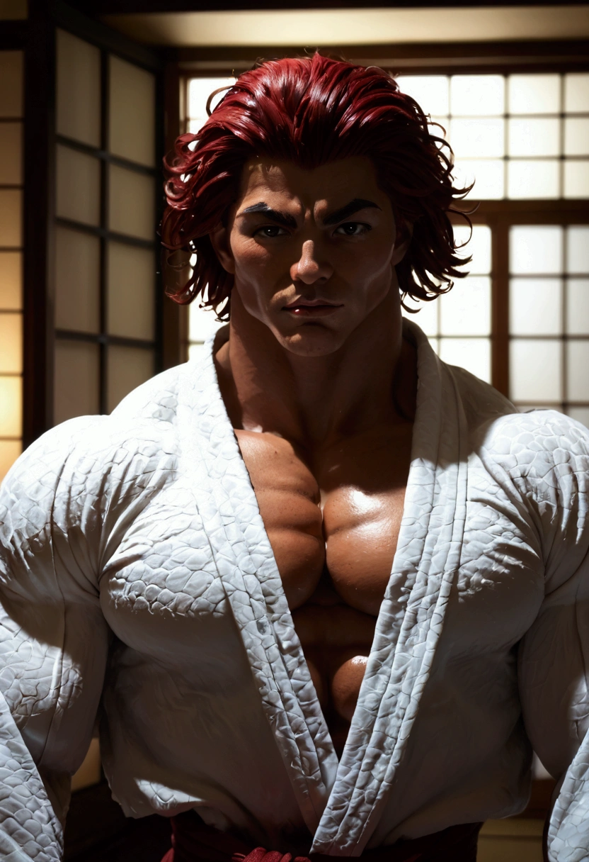 (art style of Boris Valejo) score_9, score_8_up, score_7_up, YujiroHanma, 1boy, male focus, solo, black Japanese Yukata intricate serpent embroidery open, black Bermuda trunks big bulge, muscular male, red hair, manly, veins, pupils, brown eyes, dynamic lighting, extremely detailed,portrait, serious expression,very veiny,glare, bare feet, leaving the bedroom of a wrecked Japanese apartment, swagger
