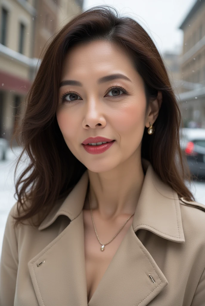 Mature Woman, ( Detailed description of the hair), (Detailed description of the face), (Detailed description of the body), high definition , masterpiece,  top quality ,  high detail, formal: 1.4), ( realistic : 1.2, 超 realistic な: 1.1,  realistic: 1.37), (Sharp focus: 1.4),  is written by,  looking up with moist eyes, wavy hair,  unrivaled beauty , (Ultimate beauty), (lipstick:1.1), ( eyeliner :1.2), ( mascara), ( Eye Shadow ), (48 years old,: 1.4), Japanese、 closeup 、 fine lines of laughter :1.2、seductive smile,( beige × trench coat)、(snowy old cityscape background),((smiling))