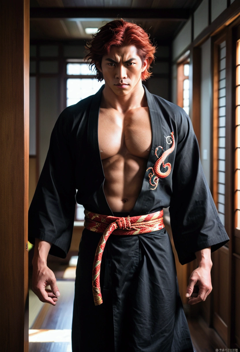 (art style of Boris Valejo) score_9, score_8_up, score_7_up, YujiroHanma, 1boy, male focus, solo, black Japanese Yukata intricate serpent embroidery open, black Bermuda trunks big bulge, muscular male, red hair, manly, veins, pupils, brown eyes, dynamic lighting, extremely detailed,portrait, serious expression,very veiny,glare, bare feet, leaving the bedroom of a wrecked Japanese apartment, swagger
