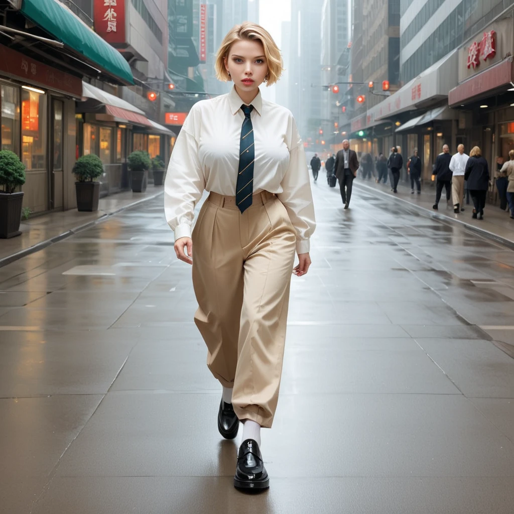 
Scarlett Johansson is a short blonde-haired woman with massive breasts and short hair She wears a tie, button-up baggy long-sleeve shirt, ankle-long baggy oversized pants, loafers, and socks, walking in a futuristic city, full body shot