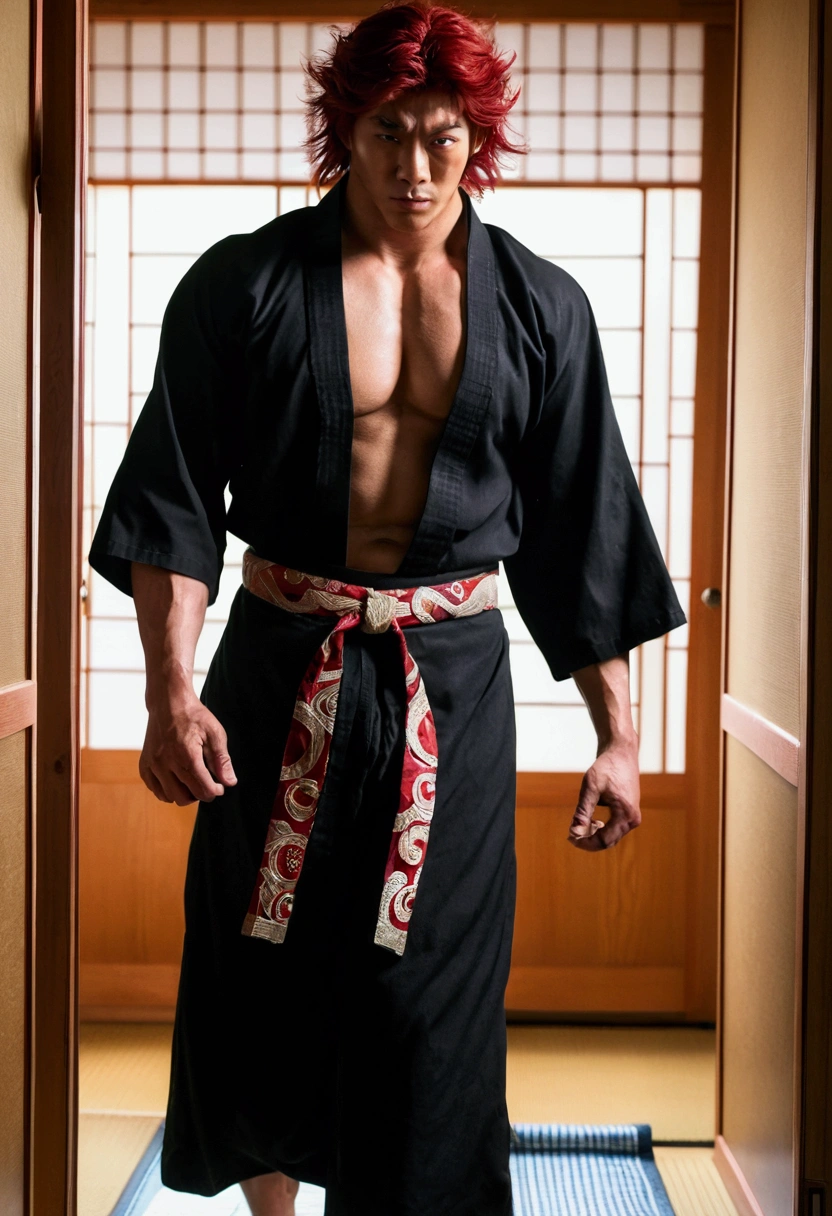 (art style of Boris Valejo) score_9, score_8_up, score_7_up, YujiroHanma, 1boy, male focus, solo, black Japanese Yukata intricate serpent embroidery open, black Bermuda trunks big bulge, muscular male, red hair, manly, veins, pupils, brown eyes, dynamic lighting, extremely detailed,portrait, serious expression,very veiny,glare, bare feet, leaving the bedroom of a wrecked Japanese apartment, swagger
