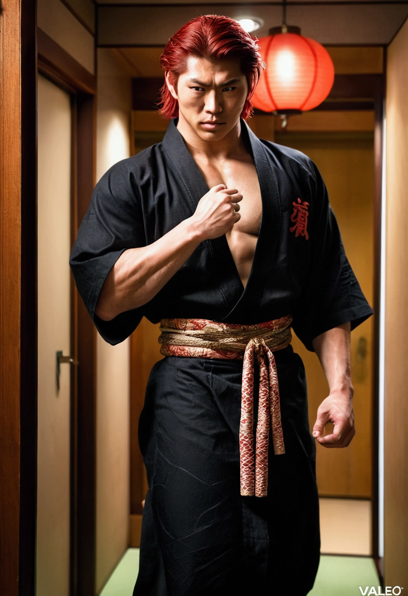 (art style of Boris Valejo) score_9, score_8_up, score_7_up, YujiroHanma, 1boy, male focus, solo, black Japanese Yukata intricate serpent embroidery open, black Bermuda trunks big bulge, muscular male, red hair, manly, veins, pupils, brown eyes, dynamic lighting, extremely detailed,portrait, serious expression,very veiny,glare, bare feet, leaving the bedroom of a wrecked Japanese apartment, swagger
