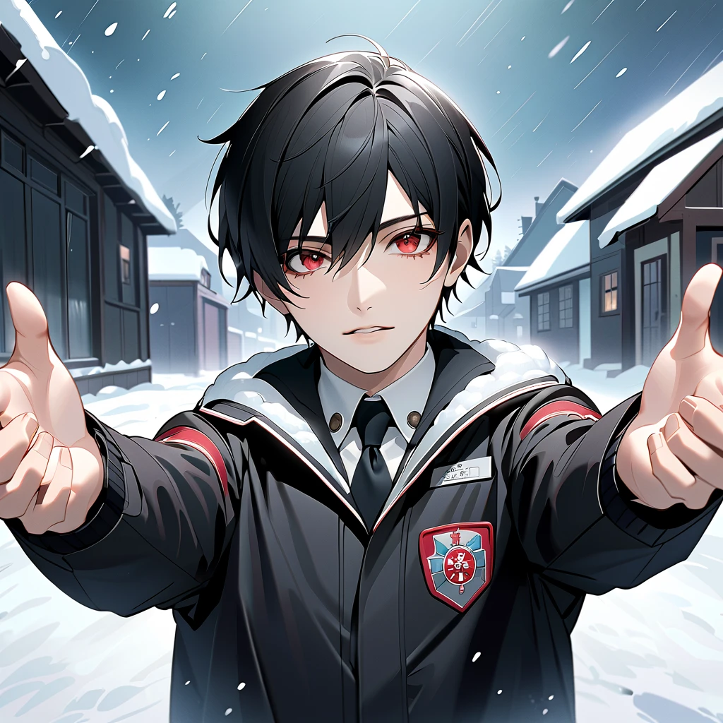    black hair,   Sharp Eye, Kind eyes, male　  red eyes　 short hair　   handsome,   upper body,Paramedic 、 about to hold with open arms、 snow falling 、There's a snowman in the background 