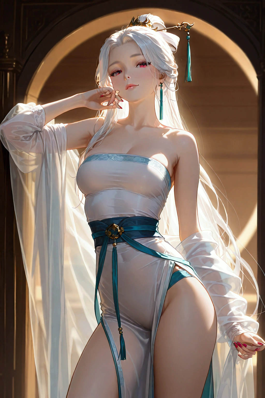 seductive_smile, white hair ,white hanfu, medium breasts, long hair, guofeng, chinese clothes, 1girl, solo,
realistic, nail polish, standing, from viewer,  cowboy shot, 
masterpiece, best quality, realistic, 8k, official art, cinematic light, ultra high res, perfect female body, sharp focus, 
HDR, 8k, amazing quality, very aesthetic, absurdres, newest, (volumetric lighting), photorealistic, photo background, detailed skin, detailed eyes, detailed hair, fantasy,