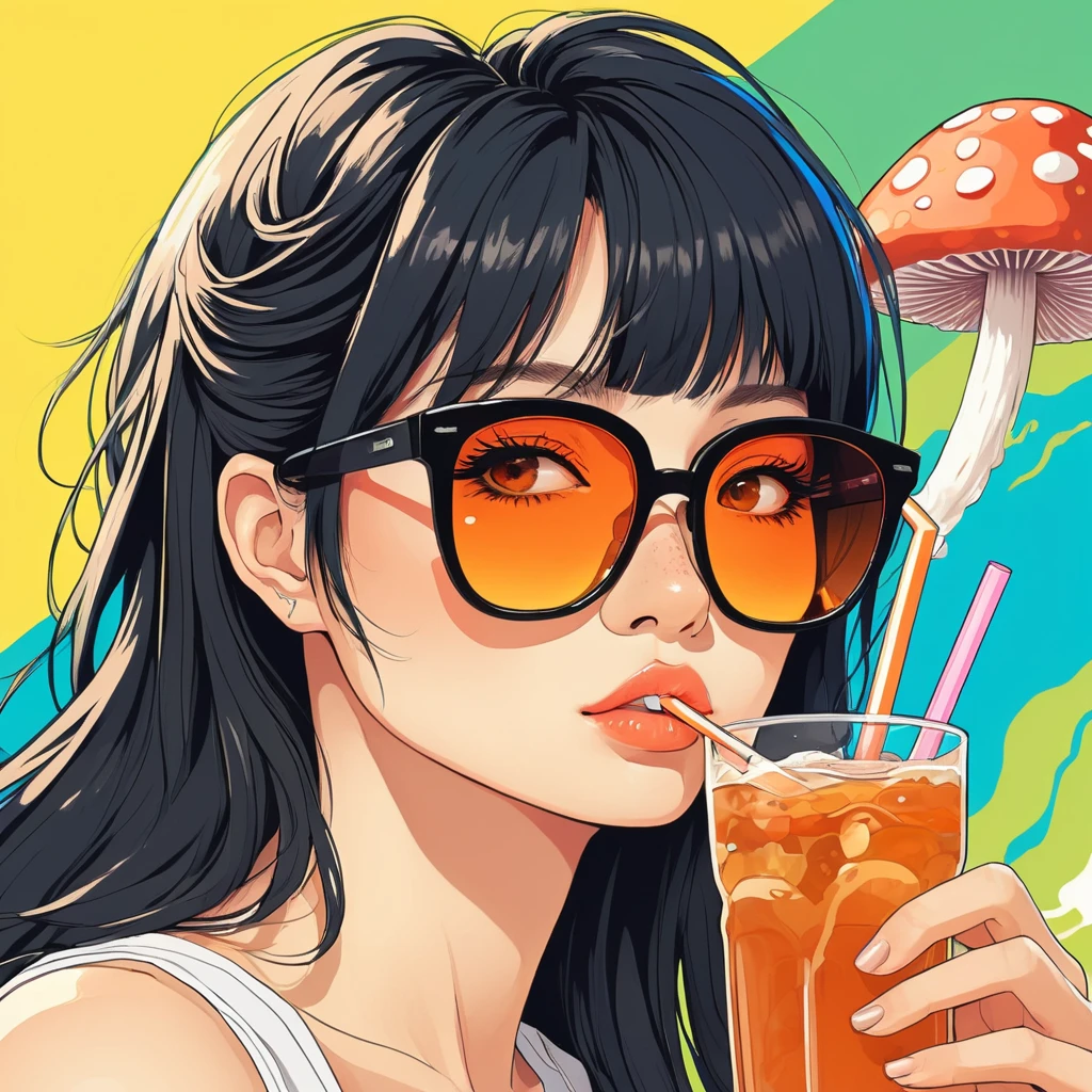 An illustration、art、80s Thai horror movie poster, Supervised by Junji Ito、(forest:1.2)、expensive 、Attention to detail, Realistic Shadows、Analog Style, chromatic aberration, Surrealism、Complementary Gradient、Medusa drinking Islay malt